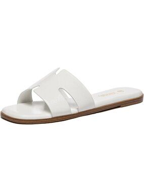 Women's White Dressy Flat Sandals Comfortable Slip On Leather Slide Sandals